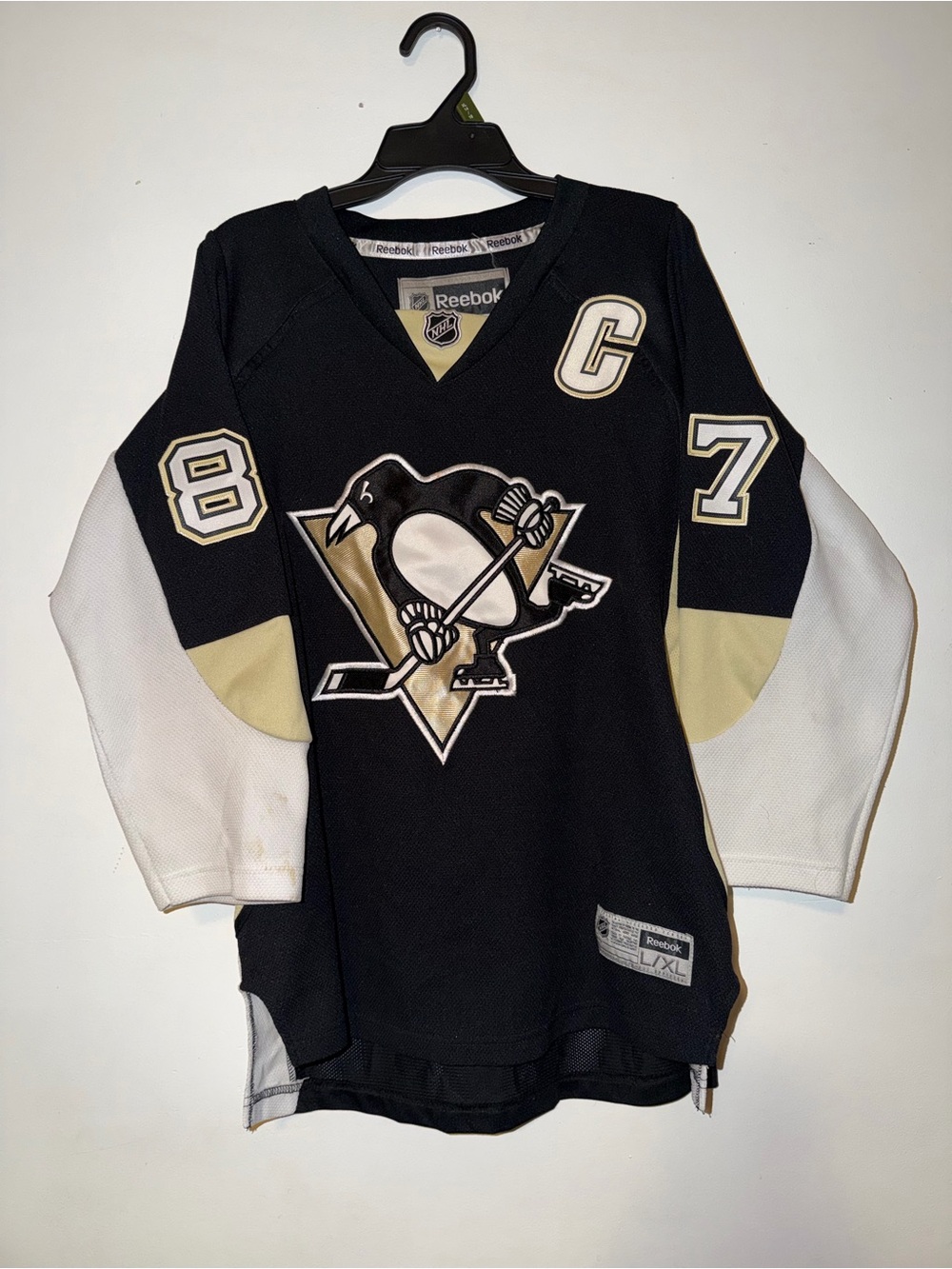Reebok Kids Pittsburgh Penguins Black White Gold Hockey Jersey #87 C